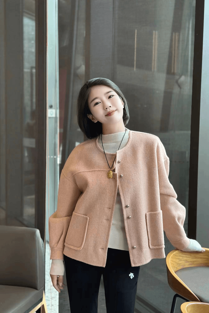 【绒媄新款】双面骆驼绒大衣女短款过膝纯色韩版秋冬女毛呢外套