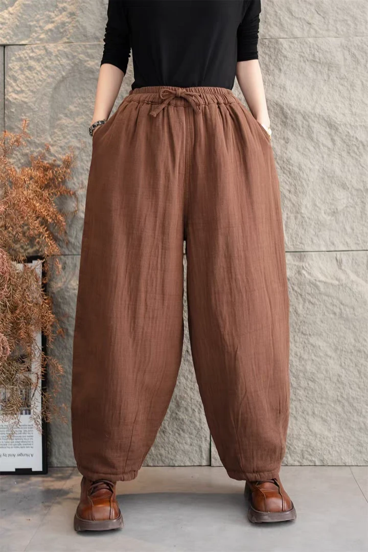 冬季新款复古纯色棉麻保暖棉裤宽松百搭休闲阔腿哈伦裤显瘦长裤女