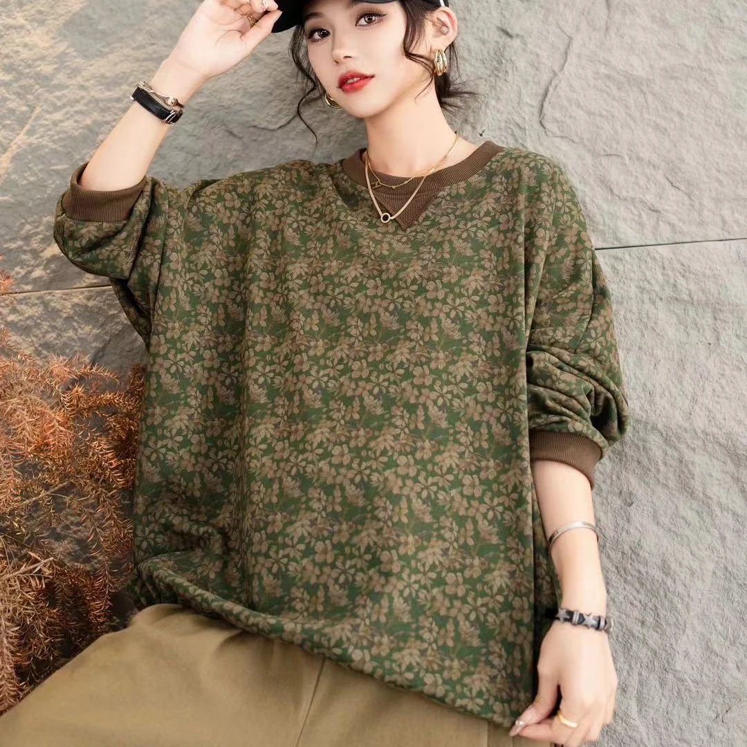 复古印花棉麻卫衣女秋季新款宽松百搭休闲显瘦圆领抽褶上衣潮