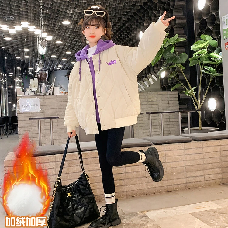 女童秋冬棒球棉服2022新款时尚中大童加厚假两件冬装棉衣外套潮