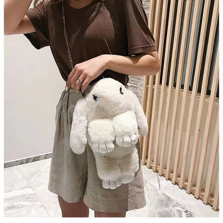 Muusu新款韩版女童毛绒兔子包包链条斜挎包手机包