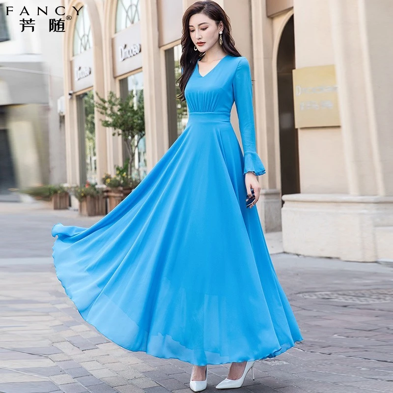 长袖雪纺气质女2025年春季新款显瘦超仙微胖三亚茶歇大摆沙滩裙