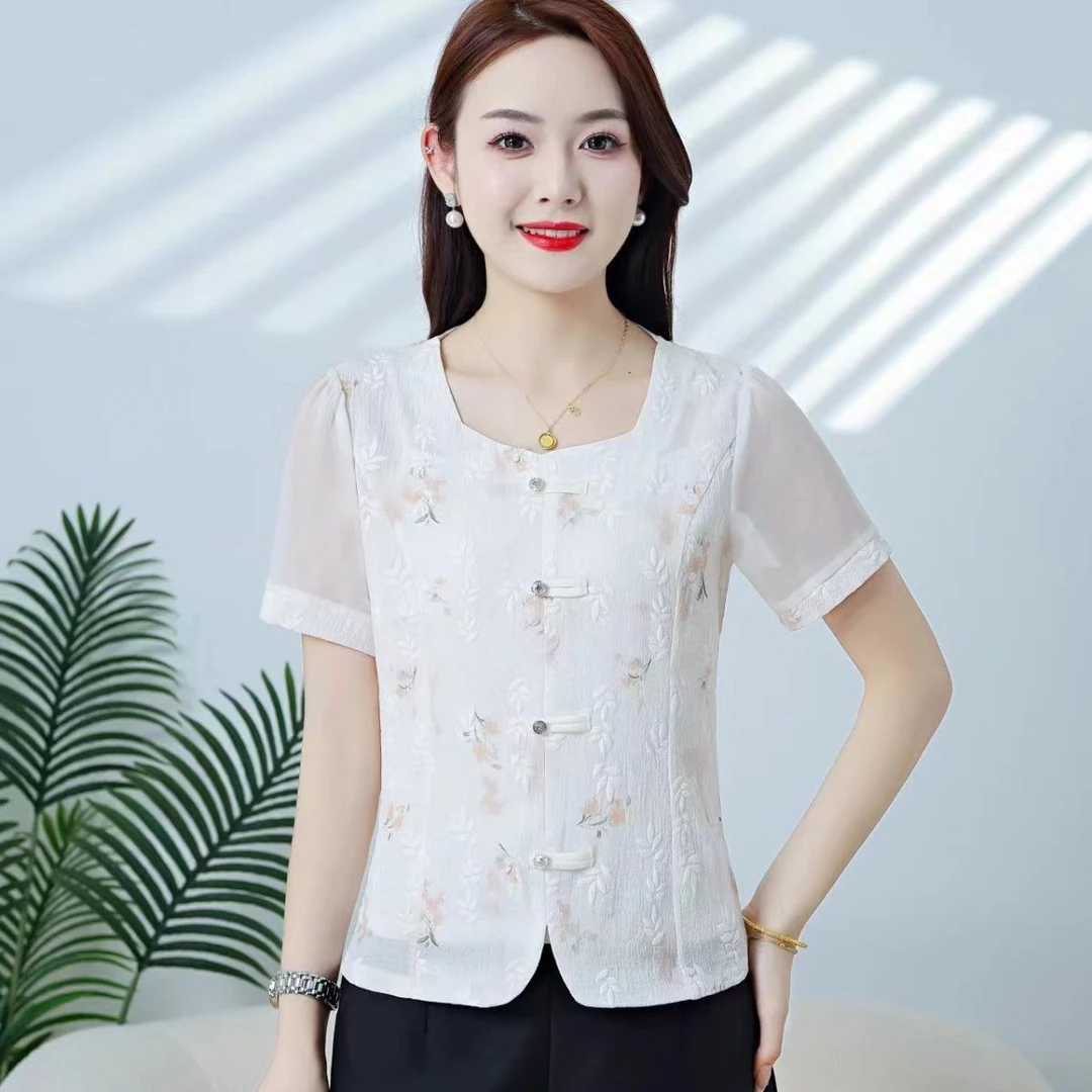 新中式洋气减龄年轻妈妈装雪纺小衫新款国风设计感短袖女上衣