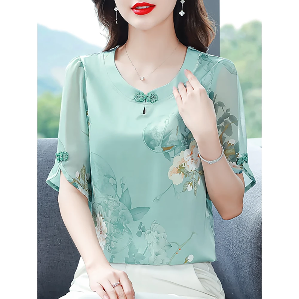 碎花缎面衬衫女士装夏季2024年新款高端妈妈洋气漂亮小衫短袖上衣