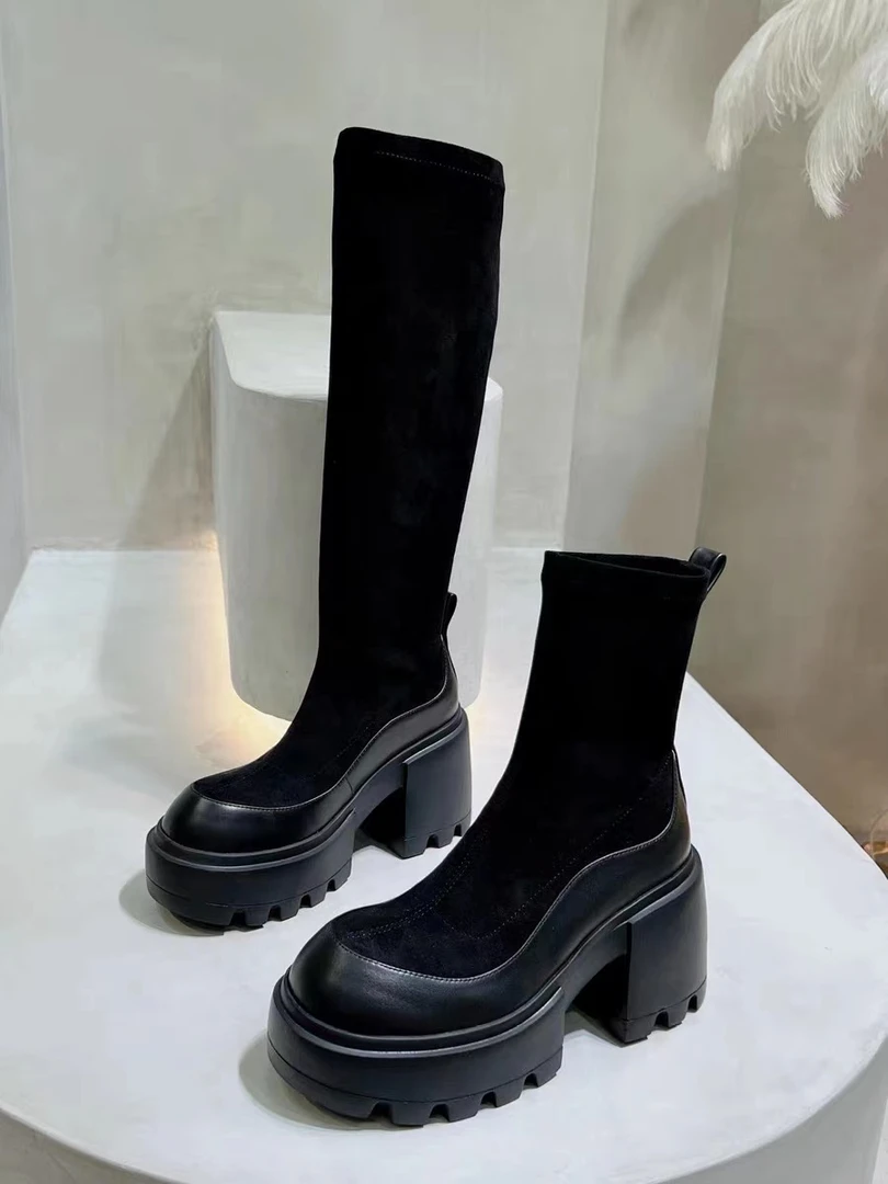 钎金鸟993粗跟防水台弹力靴增高显瘦软皮洋气气质高筒长靴9cm