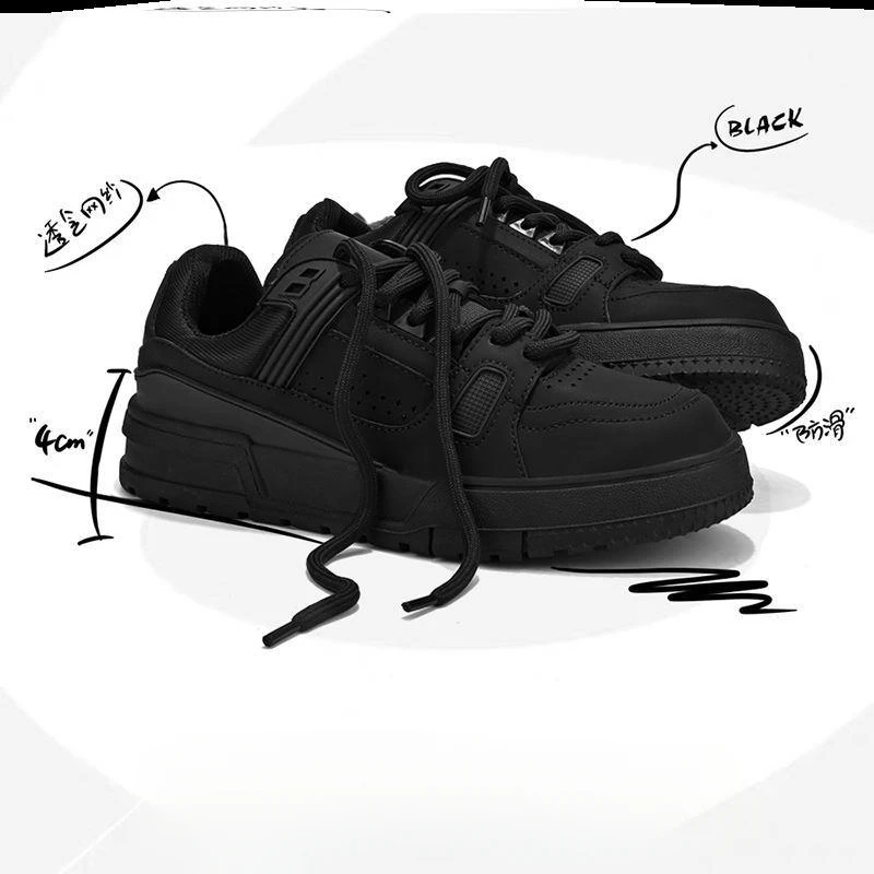 【小扬哥推荐】黑武士男鞋秋季透气运动鞋休闲纯黑色板鞋厚底面包