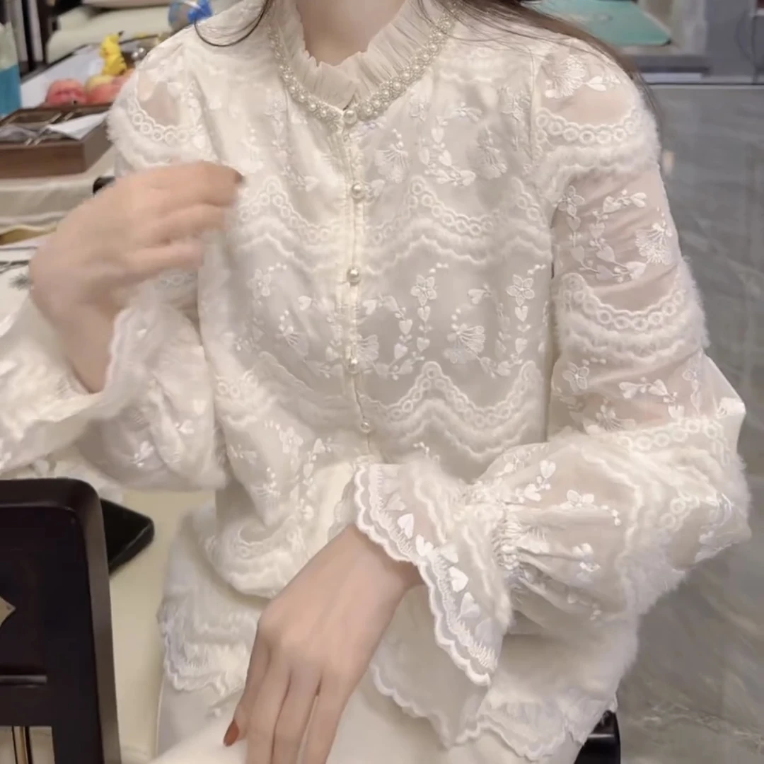 欧洲站2025年冬季新款时尚法式重工钉珠气质甜美高级感蕾丝衬衫女