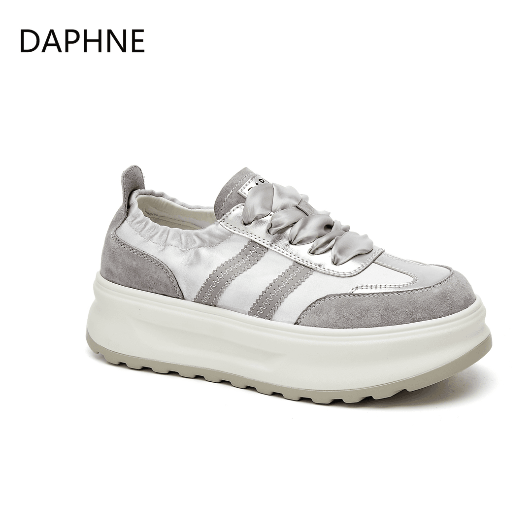 达芙妮板鞋女透气休闲鞋真皮厚底夏季百搭时尚缎面透气系带单鞋女