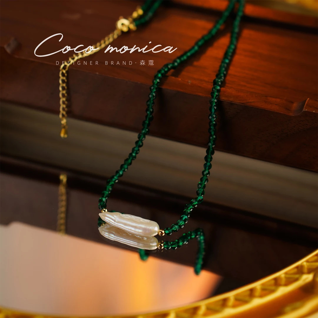 【小霞珠宝】珠项链绿色珠宝锁骨链颈链镶嵌小米珠长链WA373