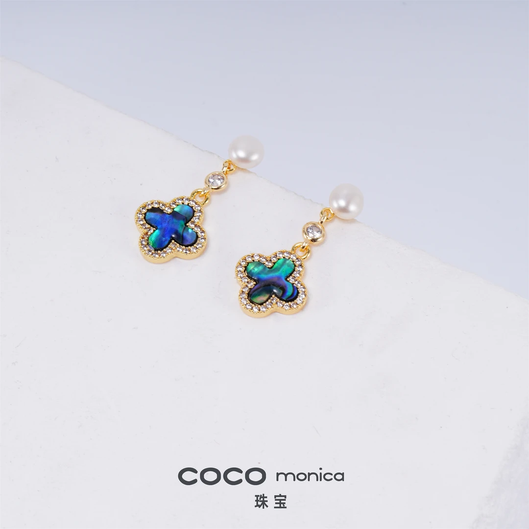 ZB283 四叶草气质蓝色轻奢时尚百搭 天然淡水珍珠耳饰