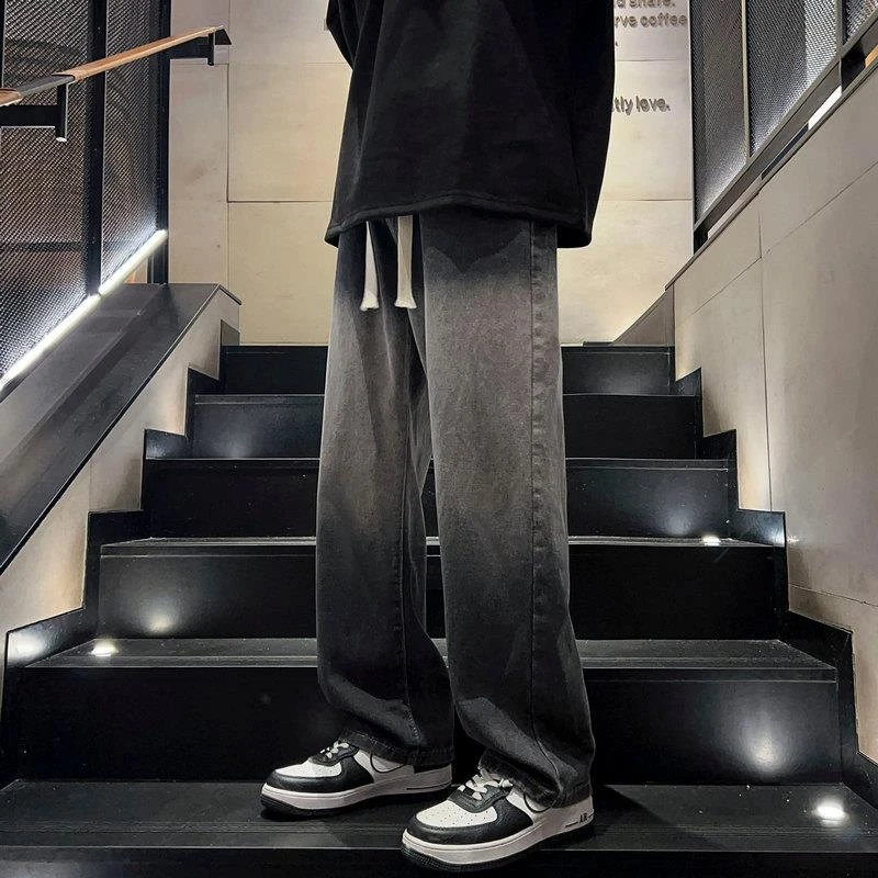 美式高街渐变水洗牛仔裤男夏季新款宽松显瘦做旧痞帅直筒阔腿裤