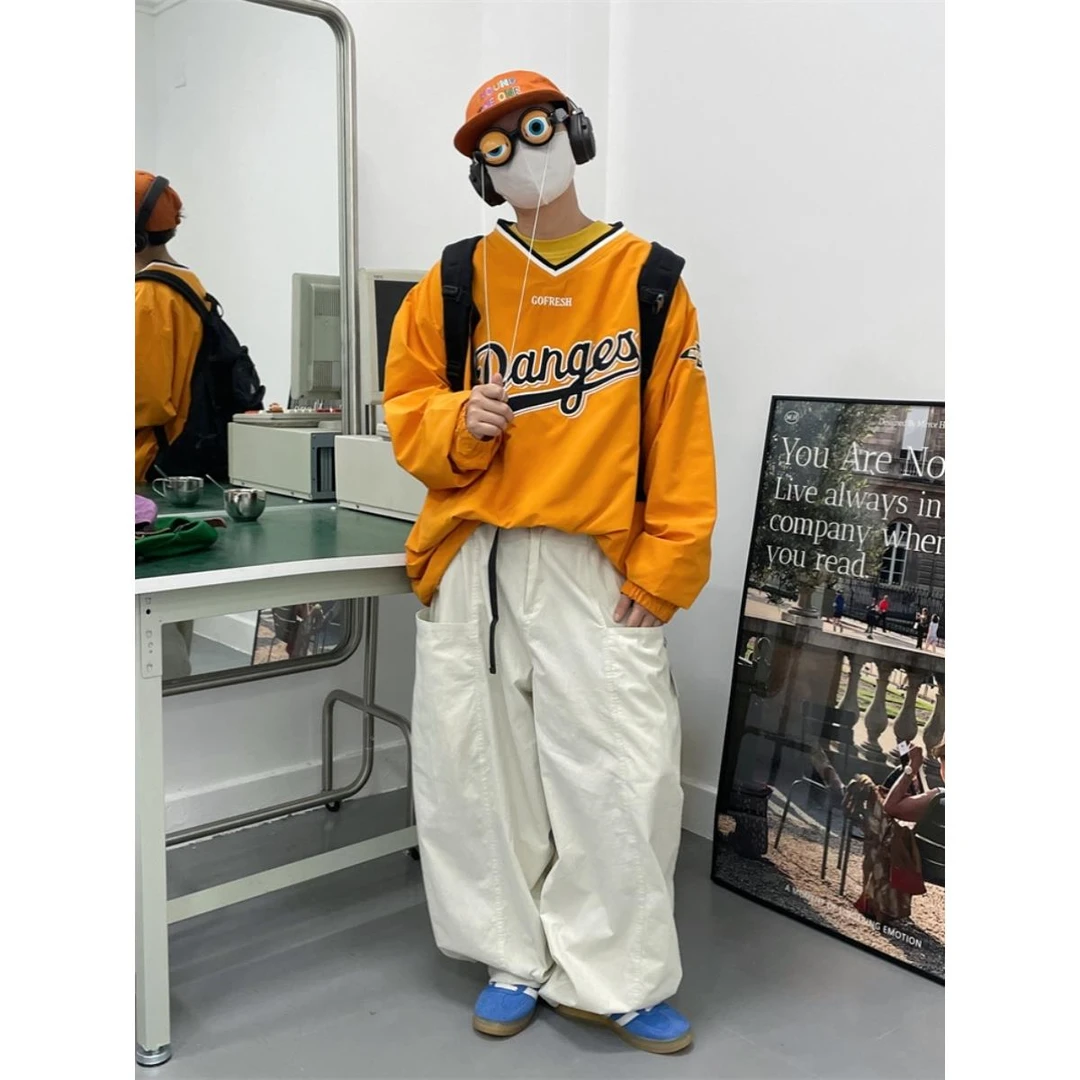 美式复古刺绣V领棒球服卫衣男女秋季新款vintage情侣运动上衣外套