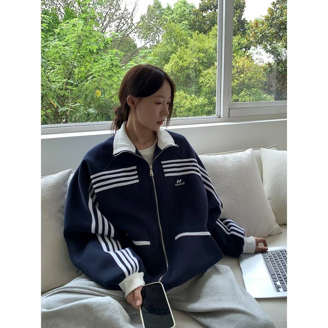 美式条纹撞色运动夹克男款高街潮牌复古外套小众宽松休闲立领上衣