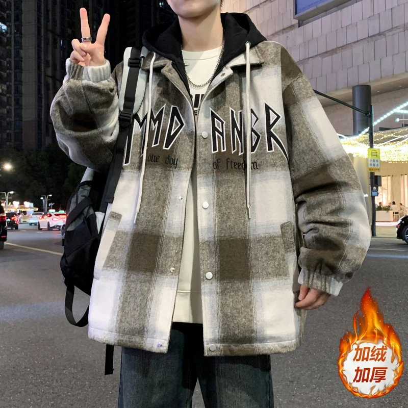 冬季新款青少年加厚夹克外套宽松韩版潮流棉服港风帅气格子外套