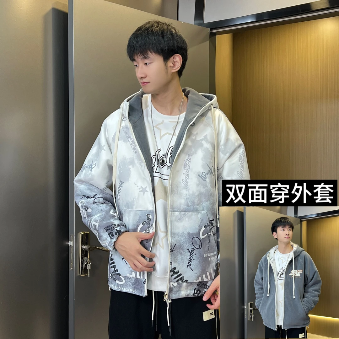 青少年学生秋冬新款高克重麂皮绒两面穿外套韩版时尚港风夹克外套