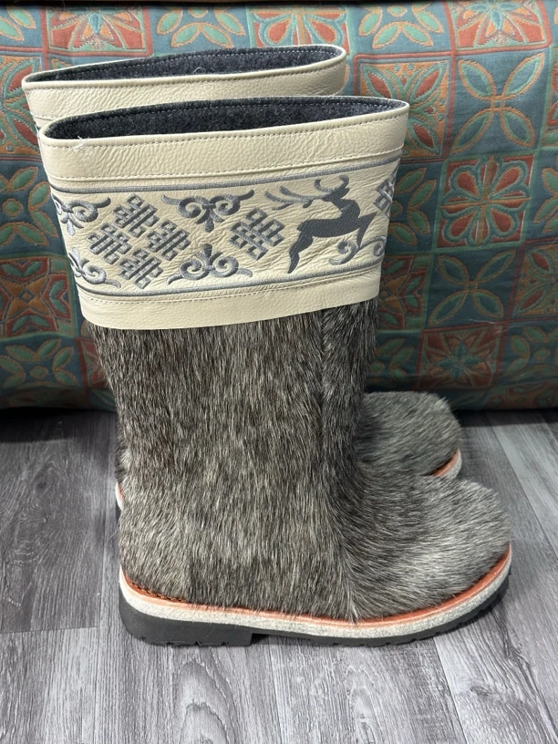 乌勒优选男款高筒马毛靴真皮真毛雪地靴纯手工男士防滑复古中筒