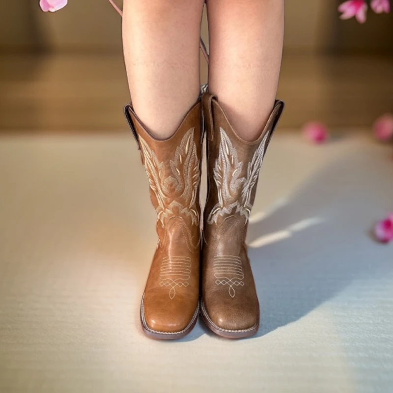 乌勒优选骑士西部靴复古西部牛仔靴民族风方头筒靴做旧蒙古靴休闲