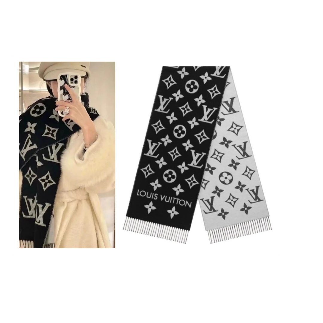 LOUIS VUITTON 经典字母Logo黑色羊毛围巾男女同款M77853