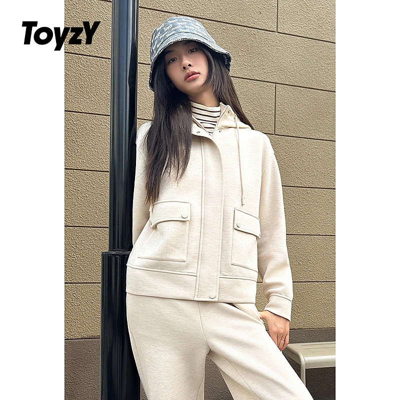 ToyzY羊毛混纺燕麦色宽松连帽外套女ZC34510430