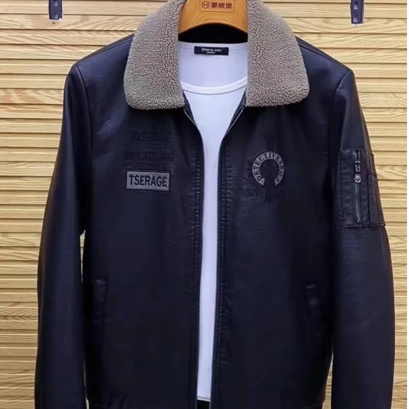 新款高品质男士翻领休闲皮衣外套