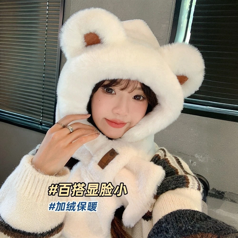 2024百搭款小熊帽子女冬季可爱围巾连帽一体保暖防寒围脖骑行配件