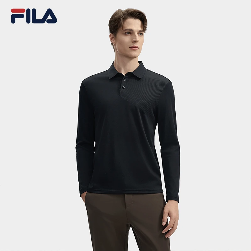 Fila/斐乐男子针织长袖POLO衫纯棉亲肤简约翻领内搭F11M443207F