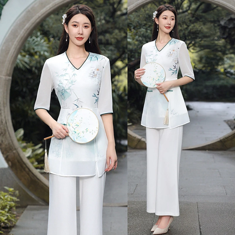 高端美容院美容师工作服足浴桑拿中式汉服足疗养生采耳裤装中袖女