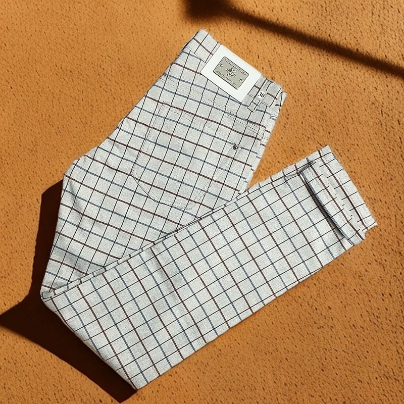 春夏薄款修身小直筒时尚格子休闲裤男士灰色经典格纹设计师男裤