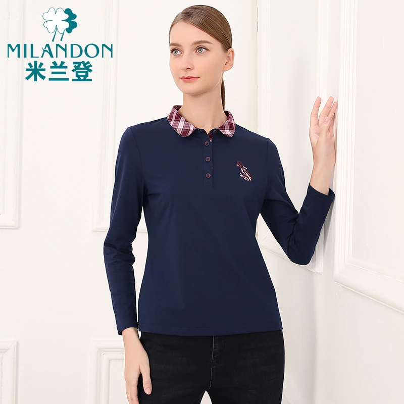 MILANDON/米兰登秋季时尚翻领长袖T恤中年女士休闲Polo衫WO3T1117
