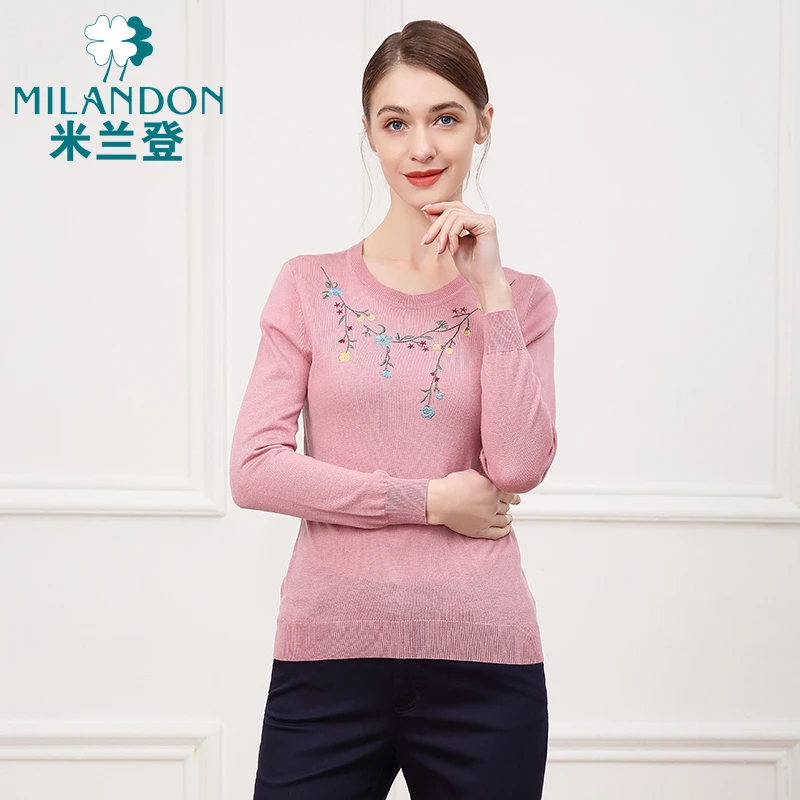 MILANDON/米兰登春秋新款气质绣花女圆领长袖套头针织衫3O1W0004