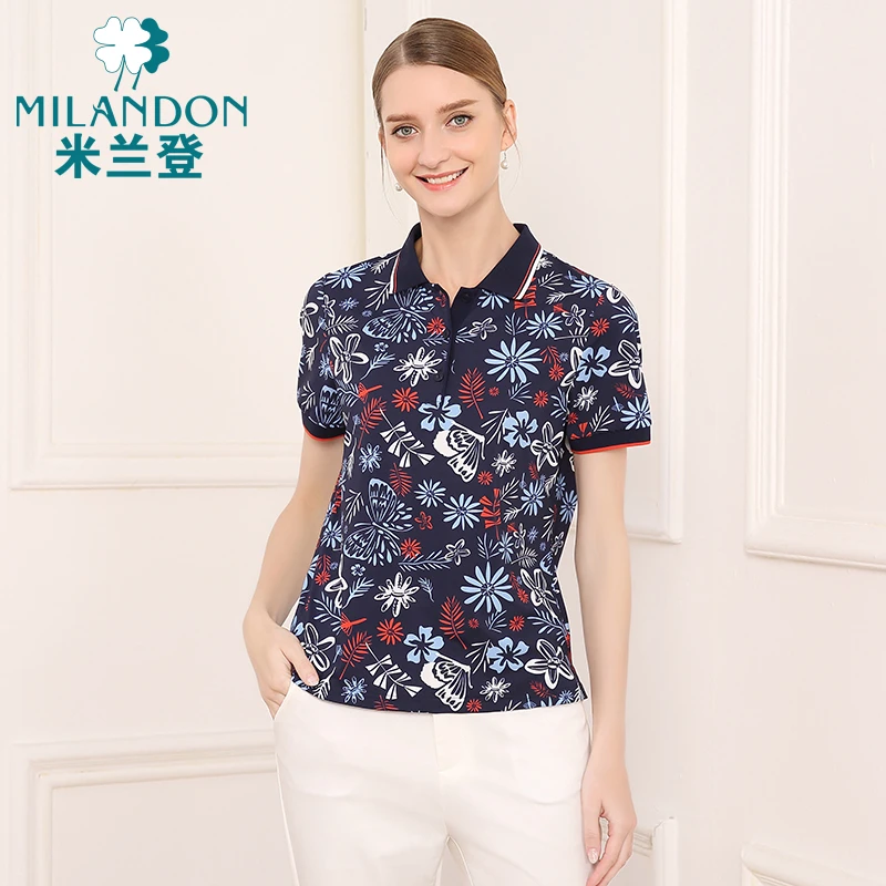 MILANDON/米兰登气质印花短袖T恤夏季新款POLO领上衣薄款3O2T1008