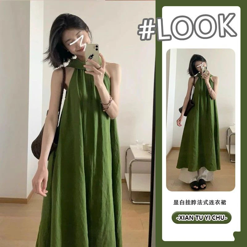 绿色显白性感复古无袖挂脖法式连衣裙宽松夏季新款气质睡裙可外穿