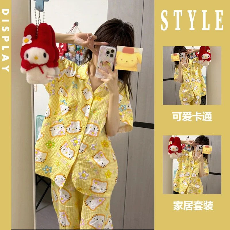 夏季多巴胺甜美凯蒂猫印花短袖睡衣女夏款新款格纹家居服大码套装