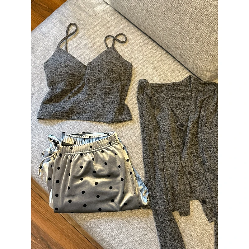 少女纯欲带胸垫睡衣女夏季新款性感甜美吊带开衫长裤家居服套装女