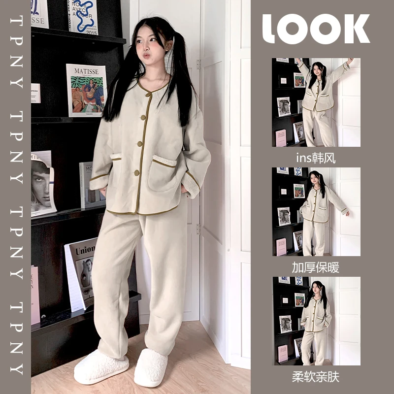 秋冬高级加厚珊瑚绒睡衣女冬款新款保暖加绒法兰绒家居服大码套装