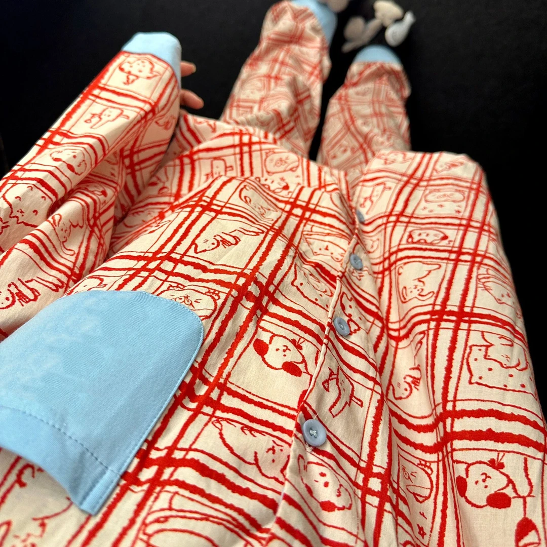 韩系高级感卡通印花长袖睡衣女网红风春秋款休闲家居服大码套装