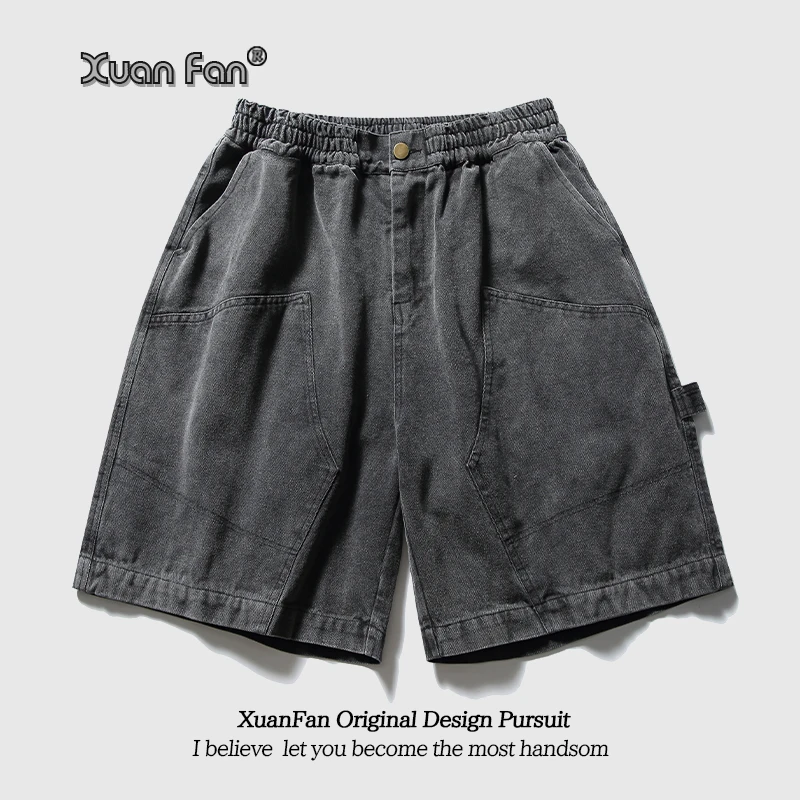 XUANFAN美式潮牌复古工装牛仔短裤男女宽松夏季薄款水洗五分裤