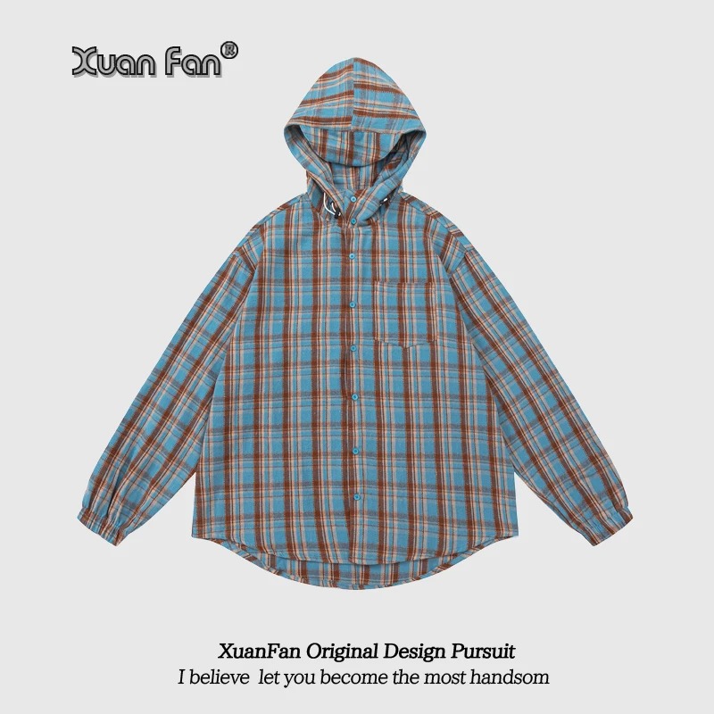 XUANFAN美式潮牌连帽格子衬衫男女宽松小众设计感开衫夹克外套