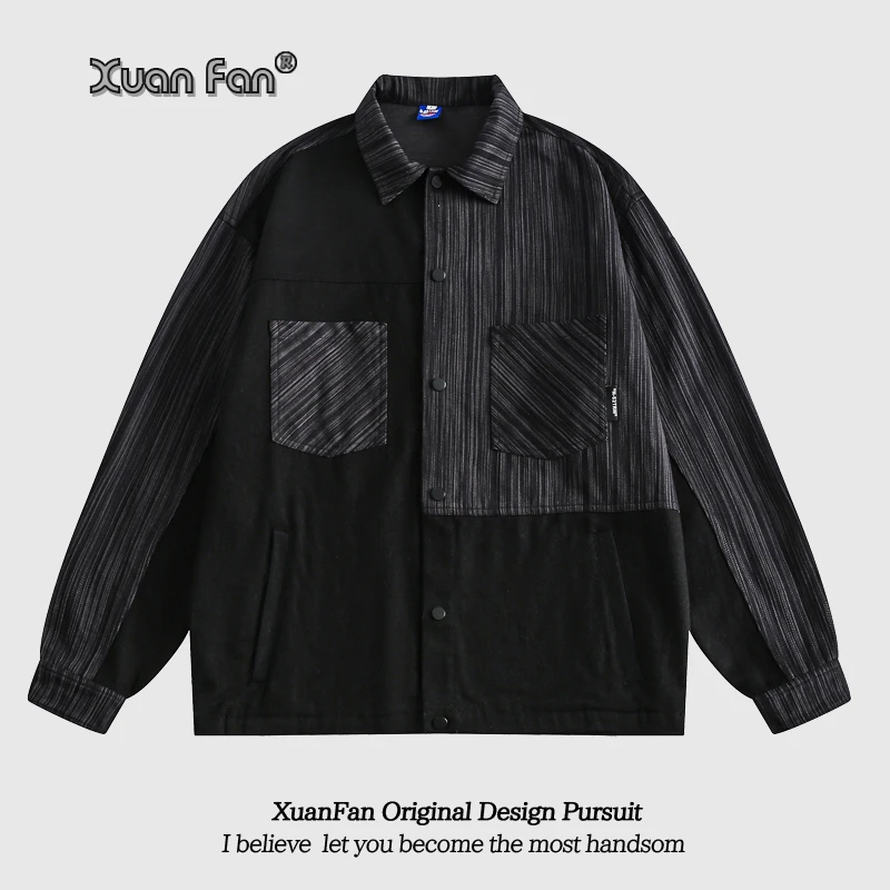 XUANFAN美式潮牌条纹拼接翻领夹克男女宽松情侣百搭工装休闲外套
