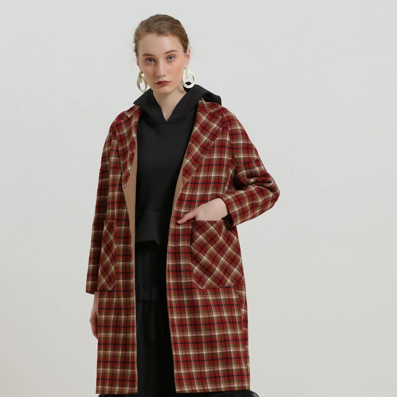 莱芙·艾迪儿时尚毛呢中长款格子双面呢翻领秋冬格纹大衣1D4D14275