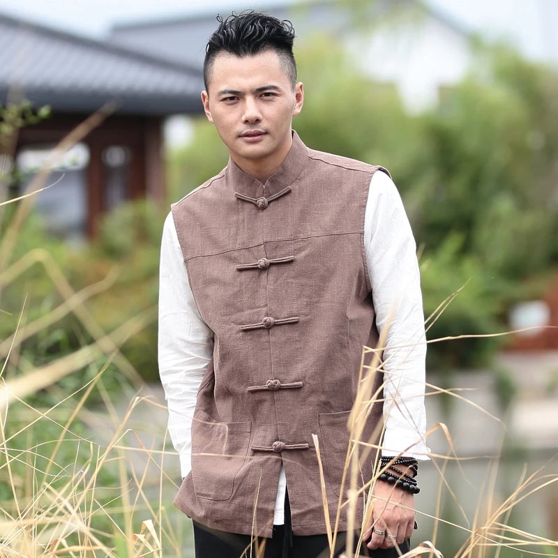 690春秋季新款中国风男士棉麻手工盘扣小立领马甲