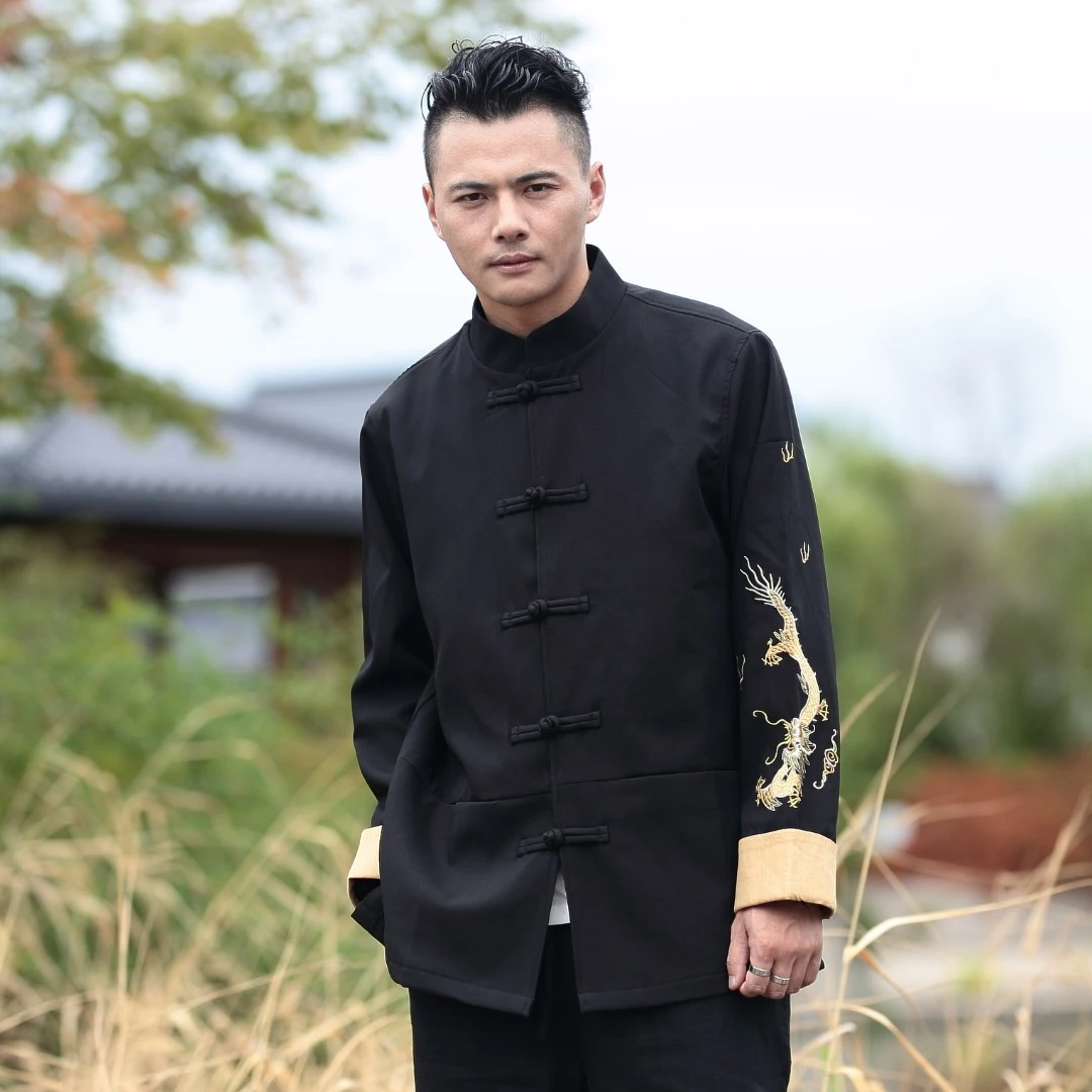 697春秋季新款男士中国风手工盘扣刺绣唐装翻袖国潮立领外套