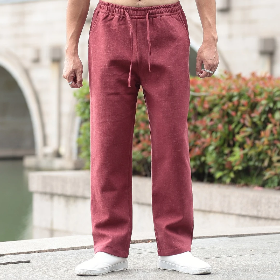 （断码清仓） 男士中国风棉麻面料冬季加绒松紧腰直筒裤20266