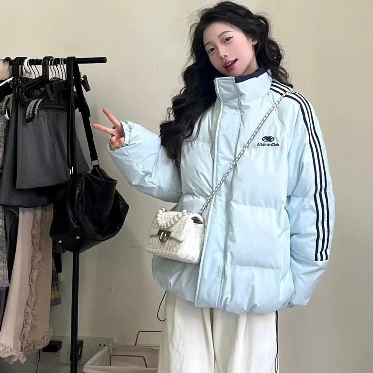 2024年冬季新款蓝色立领小个子棉服加厚设计感保暖条纹面包服棉衣