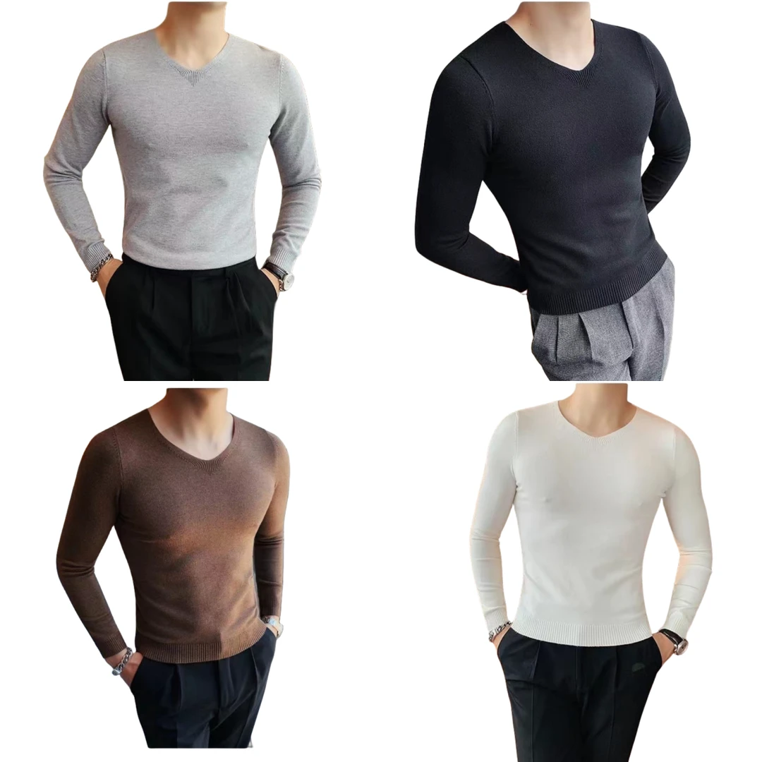 A5-4尾货YL毛衣男秋冬修身薄款v领长袖弹力上衣内搭针织打底衫