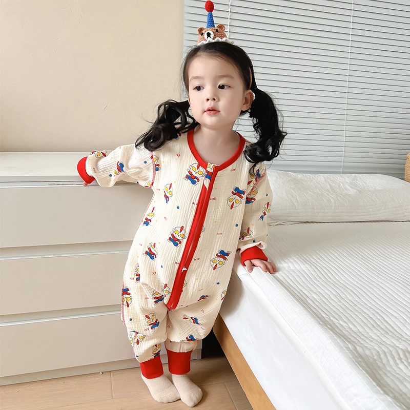 儿童睡衣宝宝睡袋前四后二纱布连体睡衣春秋春夏季薄款睡袋防踢被