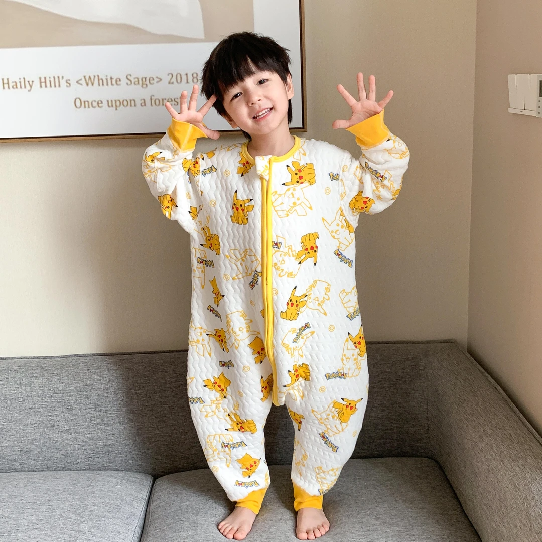 皮卡丘宝宝秋冬分腿夹棉睡袋男童纯棉儿童春秋连体睡衣冬款防踢被