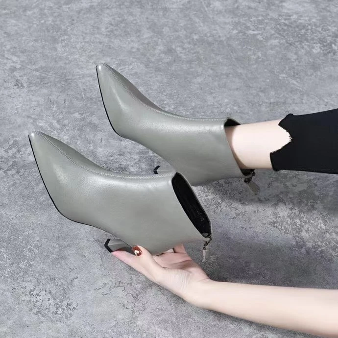 真皮尖头细高跟后拉链短靴女2023年秋冬新款气质百搭软面加绒裸靴