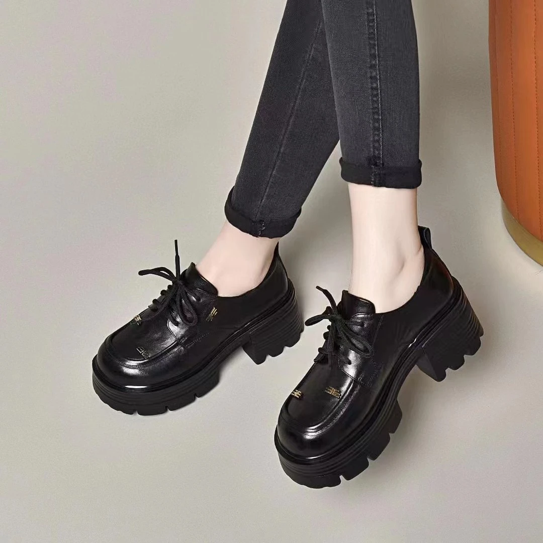 头层手抓牛皮圆头厚底乐福鞋女2024春秋新款时尚百搭真皮系带单鞋