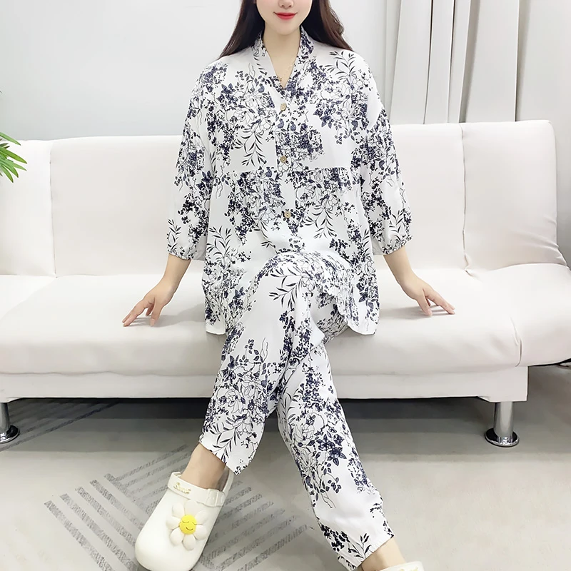 【七分袖长裤套装】棉绸睡衣女碎花田园风时尚家居服可外穿夏Y109